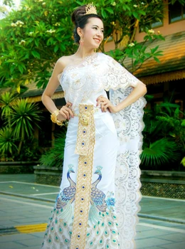 Tay Geleneksel Giyim Kadınlar için düğün elbisesi Nişan Beyaz Nakış Tavuskuşu Tatlı kolsuz üstler Fotoğraf Tayland