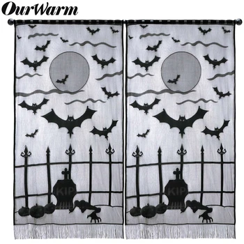 OurWarm Cadılar Bayramı Pencere Perde Korku Siyah Dantel Sahne Kabak Yarasa Hayalet Kapı Duvar Asılı Cadılar Bayramı Partisi Dekorasyon