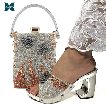 QSGFC Yeni Varış Moda İtalyan Ayakkabı ve Çanta Gümüş Renk kadın Düğün için Özel Aplikler Afrika Bayan Sandalet