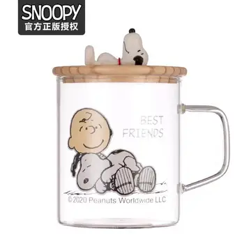 380Ml Snoopy Moda Şeffaf Cam Çay kapaklı bardak ve Kolu Karikatür Yaratıcı Baskı İçme Bardağı Kızlar için Doğum Günü Hediyeleri