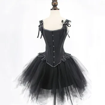 Siyah Gotik Korse Elbise Steampunk Sapanlar Çelik Kemikli Korse Yelek Düzensiz Tutu Etek İki Adet Set Burlesque Kostümleri