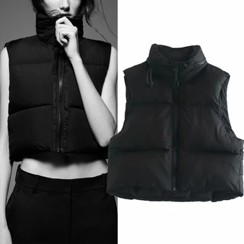 TRAF 2020 Kış Siyah Kırpılmış Yelek Ceket Kadın Moda Sıcak Tutmak Kolsuz Yüksek Yaka Zip Up Yelek Kadın Rahat Yelek Üst