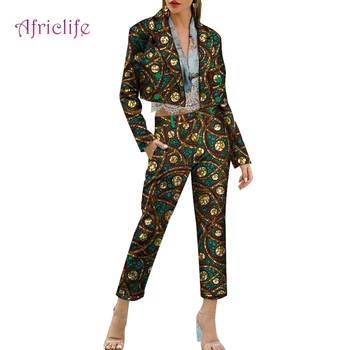 Ofis Bayan Blazer Takım Elbise Afrika Balmumu Pamuk Kısa Tip Ceket ve 9/10 Uzunluk Pantolon Kadın Setleri WY6346