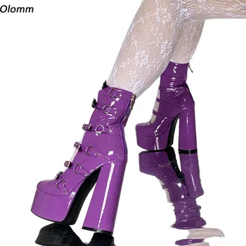 Rontıcool El Yapımı Kadın Bahar Platformu yarım çizmeler Toka Tıknaz Topuklu Yuvarlak Ayak Mavi Kırmızı Pembe parti ayakkabıları Artı ABD Boyutu 5-15
