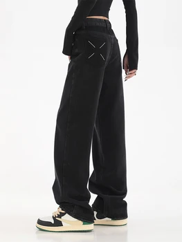 Kadın Siyah Kore Moda Baggy BF Tarzı Kot Yüksek Bel Kot Uzun Düz Bacak Pantolon Geniş Bacak Pantolon Streetwear Yeni Temel
