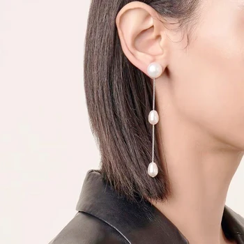 Zarif bayan El Yapımı doğal inci küpeler Mizaç Moda Klasik Uzun Bırak Dangle Küpe Harajuku Kore Takı