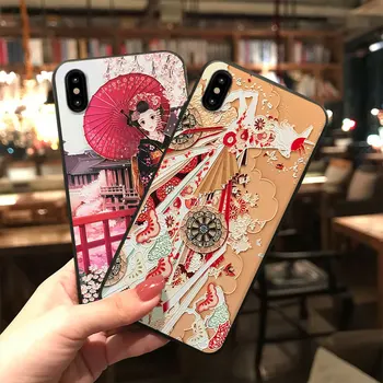 Japon Kimono Kız Kabartmalı Telefon Kılıfı için iPhone 11 12 13 14 Pro Max X XR XSMAX Çapa Yumuşak TPU Arka Kapak iPhone 7 8 Artı