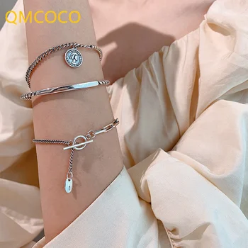 QMCOCO Gümüş Renk Moda Basit Geometrik Manşet Bilezik Çiftler Parti Bilezik Takı Ayarlanabilir BraceletGifts Kadınlar İçin Hediye