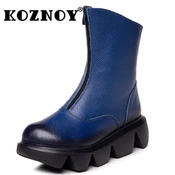 Koznoy 5.5 cm Hakiki Deri Platformu Kama yarım çizmeler Sonbahar Bahar Orta Buzağı Motosiklet Patik Fermuar Peluş Kadın Sıcak ayakkabı
