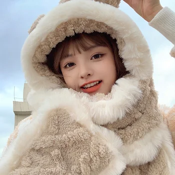 2022 Yeni Moda Kore versiyonu Eşarp Şapka Eldiven 3 Parça Kadın sevimli Küçük Ayı Kış sıcak Yumuşak Kalınlaşma Cep Şapka Kapşonlu