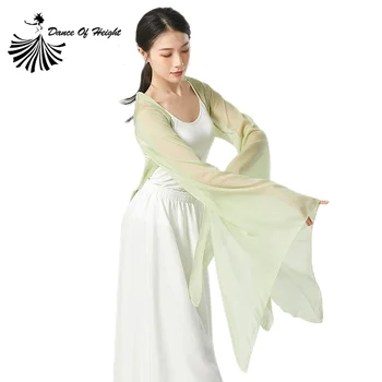 Flowy Şifon Hırka Beyaz Şeffaf Klasik Dans Bluz Uzun Su Kollu Vücut Kafiye Elbise Yeni Çin Geleneksel