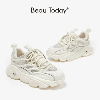 BeauToday Tıknaz Ayakkabı Kadın Sentetik Deri Örgü Yuvarlak Ayak Patchwork Dantel-up Kapatma Kadın rahat ayakkabılar El Yapımı 29635