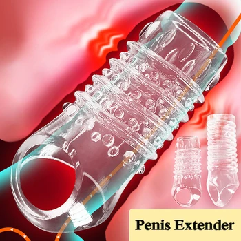 Şeffaf / Siyah Penis Extender Kollu Kullanımlık Prezervatif Penis Yüzükler Büyütme Artırıcı Gecikme Boşalma Seks Oyuncakları Erkekler için