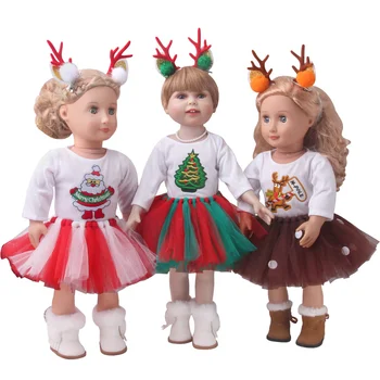 Noel Kostüm Gazlı Bez Etek Kız Elbise Çocuk Giyim 18 İnç Bebek Elbise Uzun Kollu Gazlı Bez Etek ile İki adet Elk Tokalar