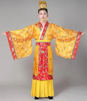 Çin Antik Tang Hanedanı Hanfu İmparator Ejderha Elbise Altın Erkekler Performans Kostüm Sahne Takım Elbise