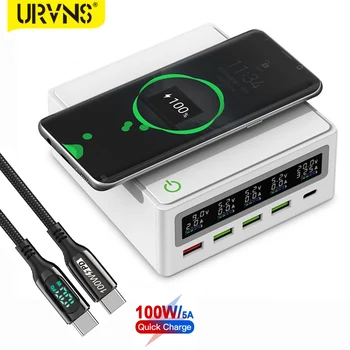 URVNS 130W 5 Portlu Masaüstü Çoklu USB şarj İstasyonu İle USB-C, QC3. 0 Bağlantı Noktası, Kablosuz Şarj Cihazı, lcd ekran Hızlı USB şarj aleti