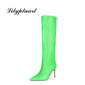 Kadın Sonbahar Çizmeler Yeni Sivri Ultra yüksek Topuk Çizmeler Floresan Yeşil Taş 34-45 Yüksek Tüp Çizmeler Boyutu 43 Kadın Ayakkabı