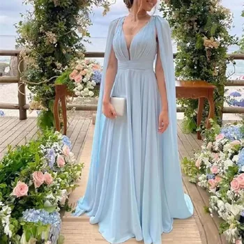 Uzun Bir Çizgi gelinlik modelleri Flama Pelerin Gök Mavisi Şifon Dalma Boyun Backless Parti Elbise Hizmetçi Onur