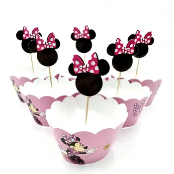 24 adet Sarmalayıcılar + ToppersMinnie Mickey Mouse Tasarım Renkli Kağıt Cupcake Kek Süslemeleri Parti Malzemeleri