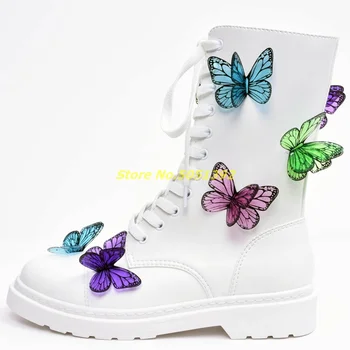 Beyaz Kelebek Kısa Çizmeler Çörek Topuklu Yuvarlak Ayak Dantel Kadar Kalın Topuk Yeni Gelenler Kadın parti ayakkabıları