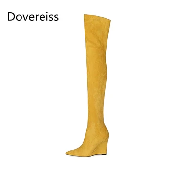 Dovereiss moda ayakkabılar Kadın Kış Seksi Saf Renk Süet Mavi Sivri Burun Zarif Takozlar Diz çizmeler Üzerinde Olgun 34-43