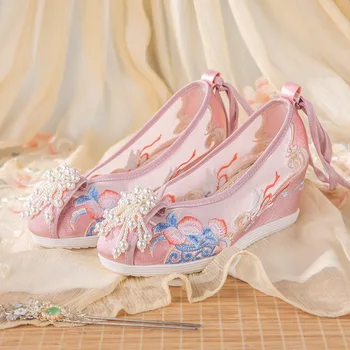 Kadınlar Zarif İnci Dantel-up Örgü İşlemeli Bez Ayakkabı Çin Tarzı Hanfu Yüksek topuklu ayakkabılar Antik Peri Cosplay yarım çizmeler