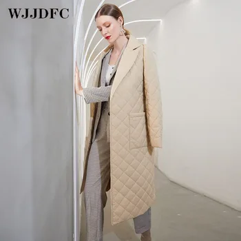 WJJDFC pamuk giyim moda kadın kış rüzgar geçirmez ceket rahat kemer kış parka ceket elmas desen uzun düz ceket