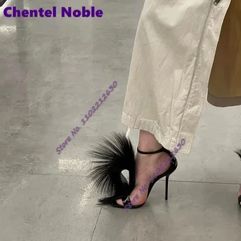 Siyah Tüy Sandalet Burnu açık Kapak Topuk Toka İnce Yüksek Topuklu Yaz Seksi Moda Lüks Kadın Ayakkabı Parti Podyum Stilettos