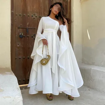 Vintage Uzun Beyaz Abiye Pleats İle A-Line Krep فساتين السهرة Müslüman Ayak Bileği Uzunluğu Parti Elbiseler Kadınlar için