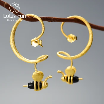 Lotus Eğlenceli Doğal Taş Büyük 18K Altın Yeni Tasarım Bal Arısı Dangle Küpe Kadınlar İçin 925 Ayar Gümüş Bildirimi Takı
