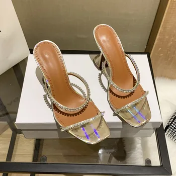 2021 şarap bardağı ile rhinestone yüksek topuklu yeni kare kafa bandı peri tarzı moda kadın sandaletler ve terlikler