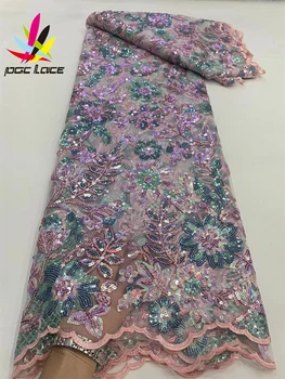 PGC Pembe Afrika Dantel Kumaş 2022 yüksek kaliteli dantel Malzeme Nijeryalı Fransız Sequins Dantel Kumaş düğün elbisesi Dikmek LY1589-2