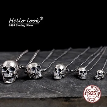 HelloLook 925 Ayar Gümüş Gotik Kafatası Kolye + Vintage Zincir Kadın Erkek Punk Kolye Kolye