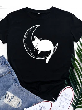 Kedi Uyku Ay Baskı T Shirt Kadın Kısa Kollu O Boyun Gevşek Gömlek Yaz Kadın Tee Gömlek Tops Camisetas Mujer