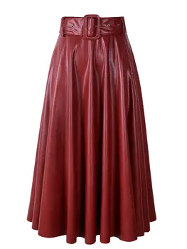 2023 Yeni Moda Kadınlar Sonbahar Kış PU Suni Deri Etekler Bayan Yüksek Bel A-Line Midi Orta Buzağı Maxi Uzun Siyah Şarap Kırmızı Kemer