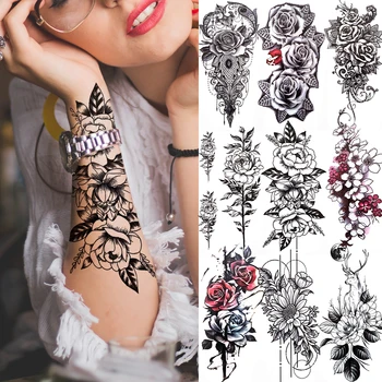 Sahte Çiçek Gül Geçici Dövmeler Kadınlar İçin Kız Şakayık Papatya Geyik Ay Dövmeler Sticker Siyah Küme Vücut Sanatı Boyama Dövmeler