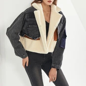 Kuzu Yün Ceket Kadın Kot Ceket 2021 Kış Yeni Moda Patchwork Renk Dikiş Gevşek Kalınlaşmış Denim kadın ceketi