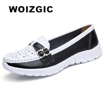 WOIZGIC Bayanlar Kadın Kadın Anne Hakiki Deri Ayakkabı Flats Moccasin Loafers Slip On Hollow EVA Artı Boyutu 41 42 SZ-7736