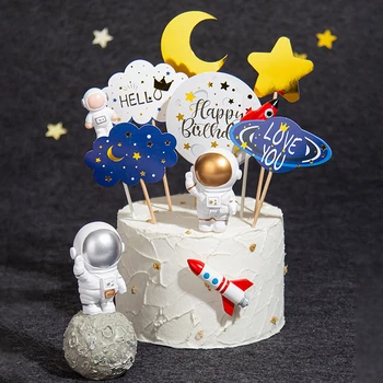 Dış Uzay Astronot Roket Mars Uzay Gemisi Topper Bayrakları Dekorasyon Mutlu Doğum Günü Pastası Toppers Çocuklar Doğum Günü Partisi Malzemeleri