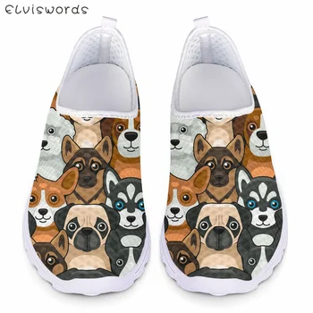 ELVISWORDS Sevimli Köpek 3D Desen Husky Pug Chihuahua Tasarım Rahat kadın Örgü Sneakers Nefes yürüyüş ayakkabısı Flats Ayakkabı