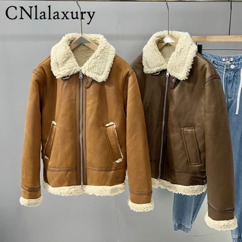 CNlalaxury 2023 Moda Kış Erkek Suni Deri Ceket Patchwork lambswool Uzun kollu Sıcak Ceketler Erkek Fermuar Giyim 