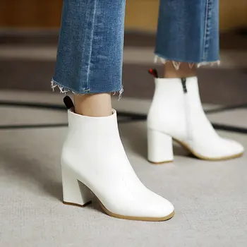 ZawsThia Avrupa Batı kadın ayakkabısı Blok Yüksek Topuklu Düz Beyaz Siyah Bayan Ayak Bileği binici çizmeleri Büyük Boy 33-46 Kış Ayakkabı