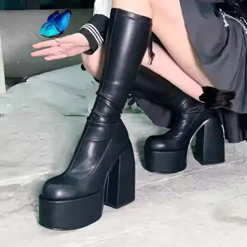 punk tarzı sonbahar kış çizmeler elastik mikrofiber ayakkabı kadın yarım çizmeler yüksek topuklu siyah kalın platformu uzun diz yüksek çizmeler