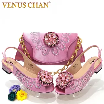 Venüs Chan 2022 İtalyan Tasarım Pembe Rhinestone Çiçek Düşük Topuk Parti Bayanlar Yaz Sandalet eşleşen Ayakkabı ve çanta seti