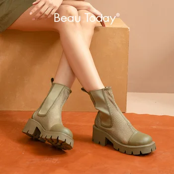 BeauToday Platformu Çizmeler Yaz Kadın Dana Derisi Deri yarım çizmeler Örgü Içi Boş Tasarım Yuvarlak Ayak Bayanlar Chelsea Ayakkabı 07126