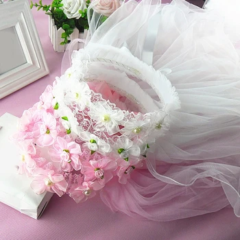 Düğün tül çiçek Kız Veils Şerit Kenar Zarif Gelin Aksesuarları Uzun Kız Peçe Pilili Çiçek Taç