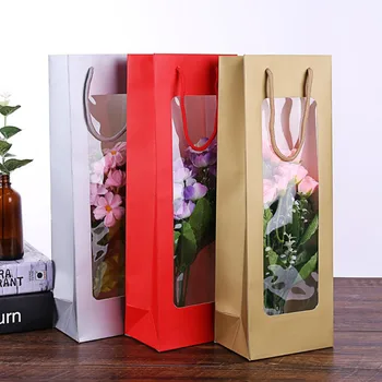 6 ADET Çok Renkli Karton Şarap Hediye çantası DIY Düz Çiçek Hediye Paketleme Çantası Şeffaf Pencere Ambalaj Ambalaj Malzemeleri