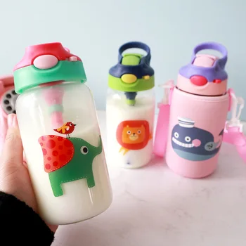 Çocuklar Hayvanlar Cam Su Şişesi Hasır Çanta Askısı Taşıyıcı Kilitleme Üst Kapak Sızdırmaz BPA Ücretsiz Kız Erkek Seyahat Yürüyüş 500ml