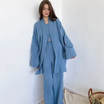 Japon Kimono Seti %100 % Pamuk Bornoz Seksi Pijama İki parçalı Gevşek Ter Buharda Takım Elbise Ev Hizmeti Seti Moda Pijama