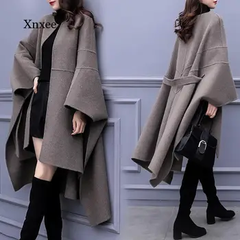 Yün Palto Kadın Pelerin Kumaş Kore Gevşek Uzun Ceket Sonbahar Kış Yeni Panço Palto Femme Dış Giyim giyim